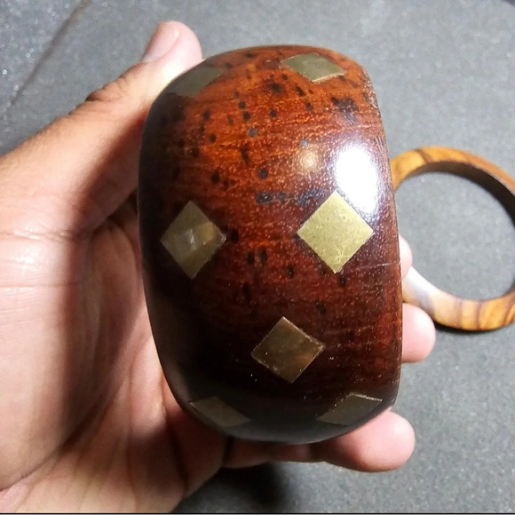 Wooden Boho Hand Made Brass Diamond Shape Inlay Cuff Bracelet Lot Of 2 Bracelets - Picture 3 of 11